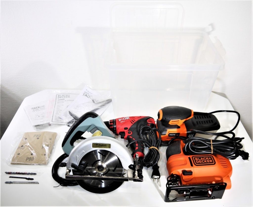 4点セット ジグソー/サンダー/ドライバドリル/電気丸ノコ　クリアBOX付き　DIY 日曜大工 電動工具