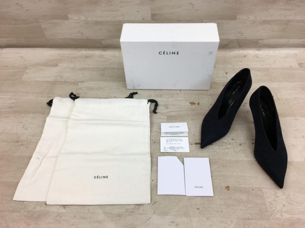 CELINE エッセンシャル Vネック ヌバック パンプス 319063 NESC 07NY 38.5 25cm 黒 ブラック セリーヌ Celine 元箱