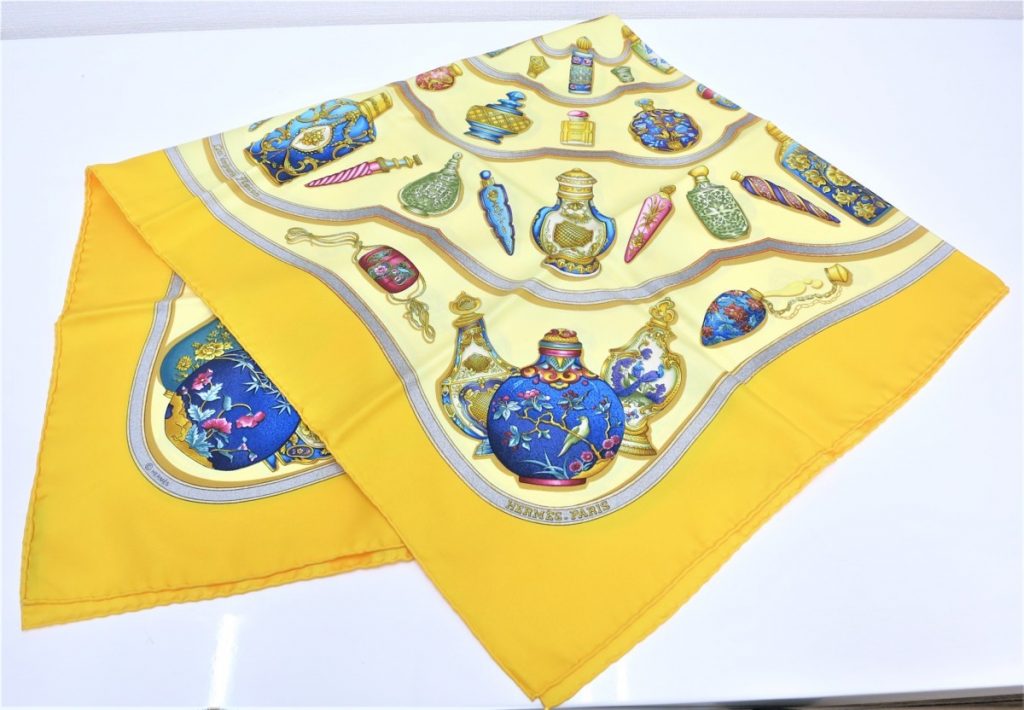 HERMES エルメス シルク スカーフ 香水瓶 鍵柄 イエロー