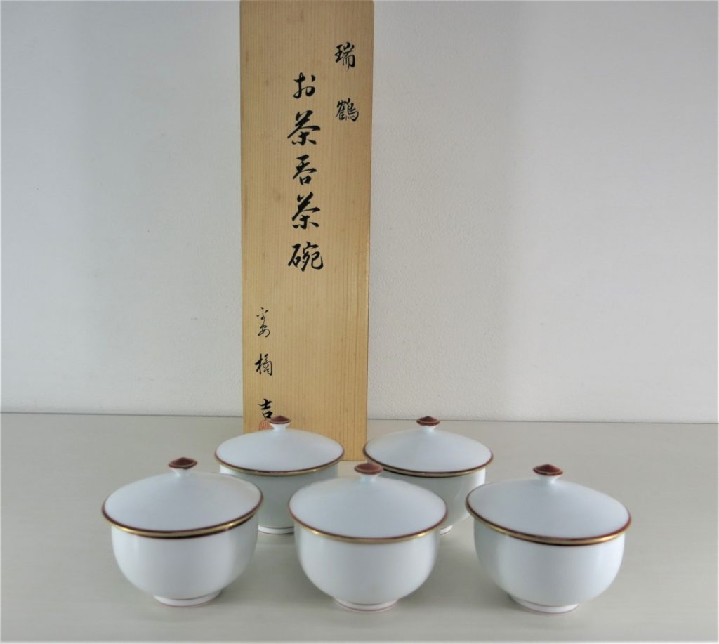 橘吉 たち吉 瑞鶴 お茶呑茶碗 蓋付 金鶴 五客セット 共箱付
