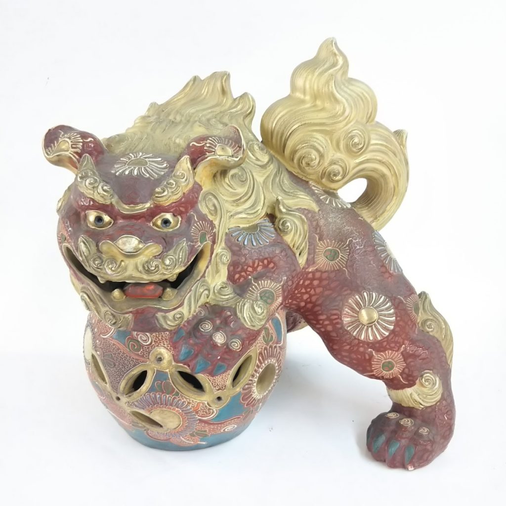 九谷焼 シーサー 玉乗り獅子 約32cm 置物 オブジェ 現状品
