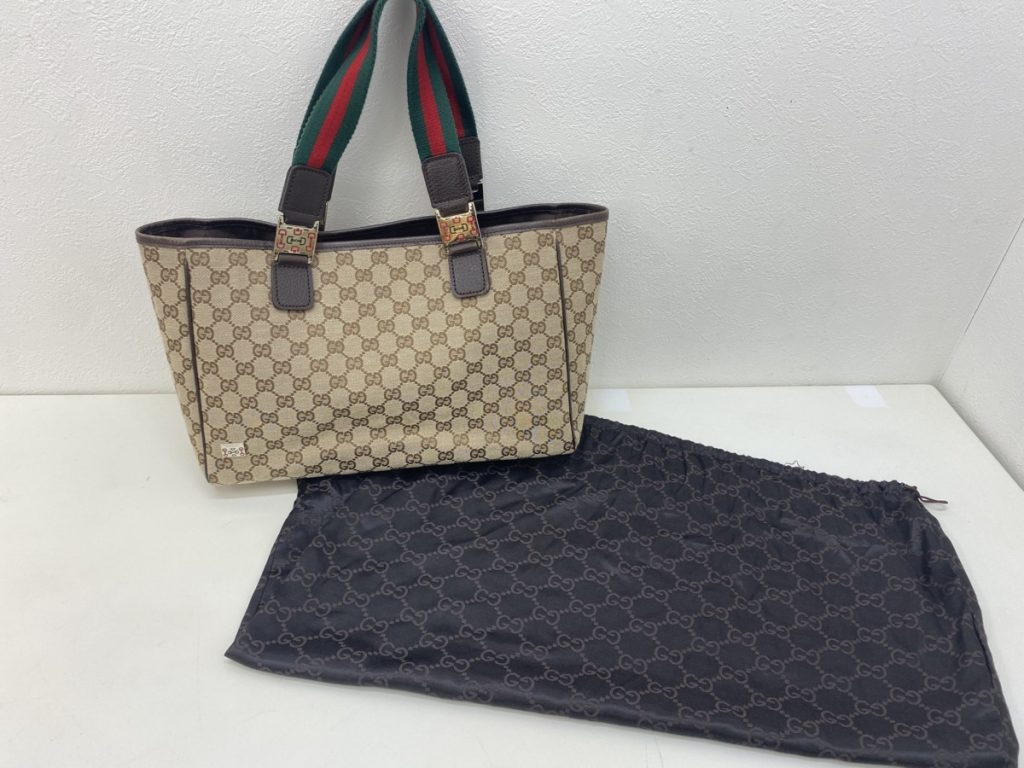 グッチ GUCCI トートバッグ 専用袋付き GG キャンパス ベージュ×ブラウン ゴールド金具 レザー 本革