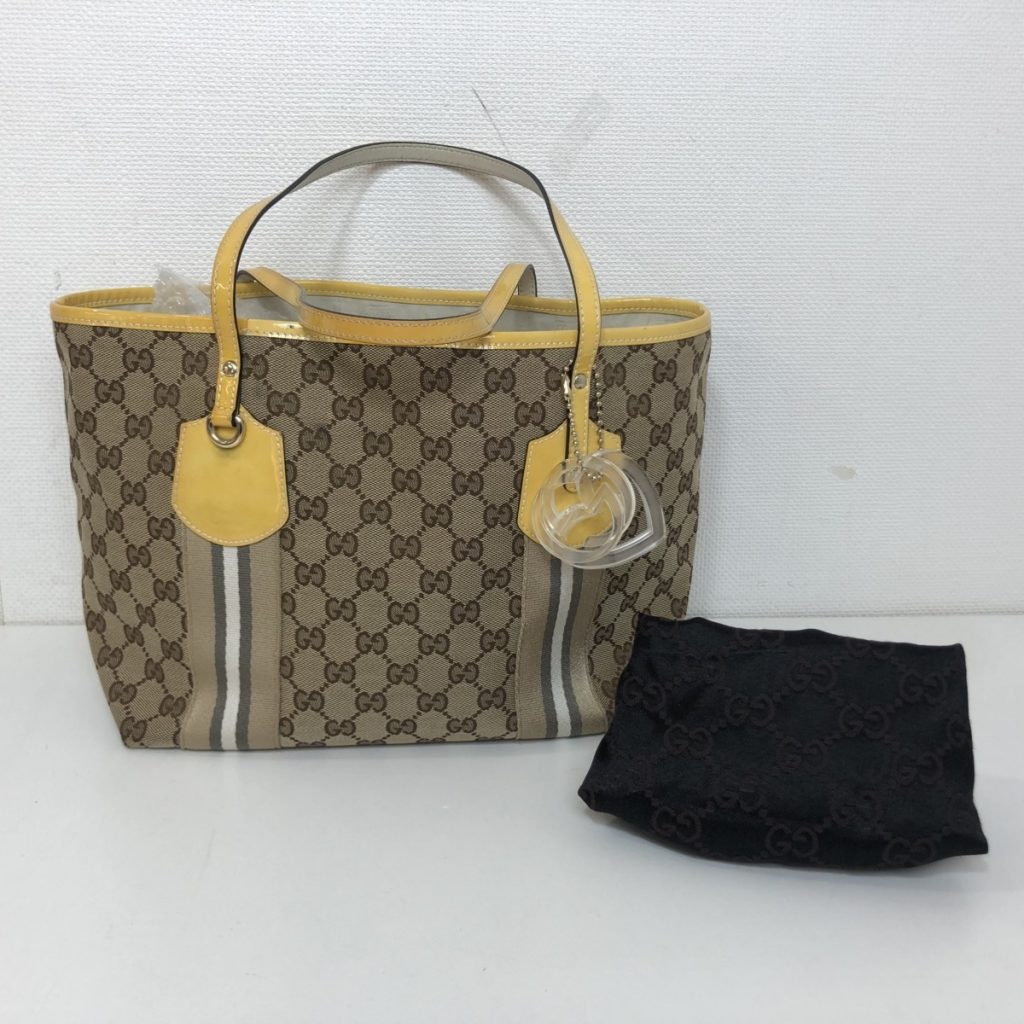 GUCCI グッチ 211971 520981 トートバッグ　GGキャンバス×パテントレザー ゴールド金具 ブラウン系×イエロー系