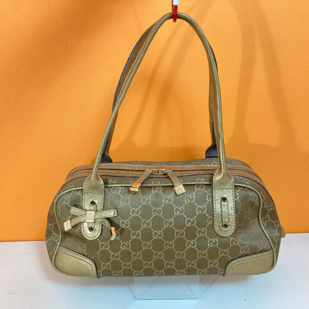GUCCI グッチ 161720 200047 プリンシー ミニボストンバッグ　レザー リボン レディース ゴールド ブラウン GG柄