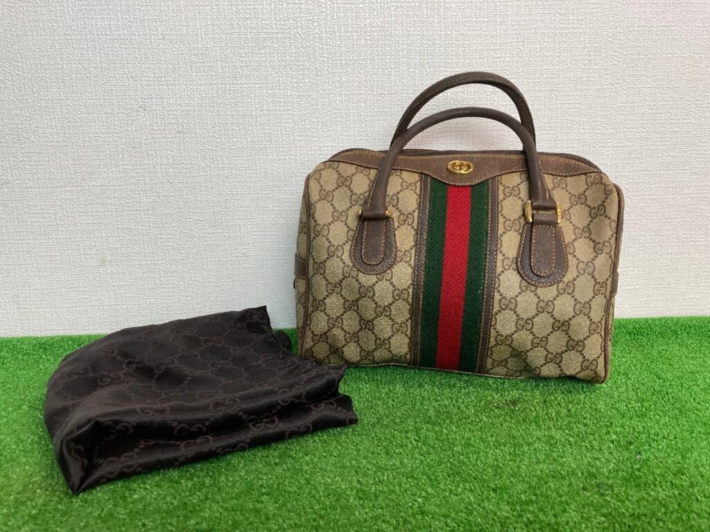 型崩れ有　GUCCI　グッチ　ハンドバッグ　シェリーライン　キャンバス　GG柄　ミニボストン　ゴールド金具　レザー　ブラウン系