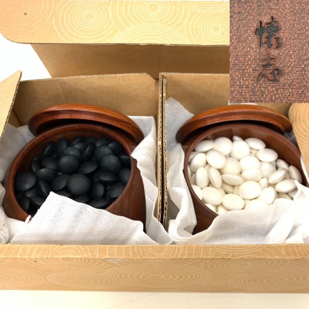 囲碁 38号 碁石(本蛤182個 約10.5mm・本那智黒182個 約10.9mm) 懐志 作 碁笥 花林特大 高級碁筒 在銘 真作保証