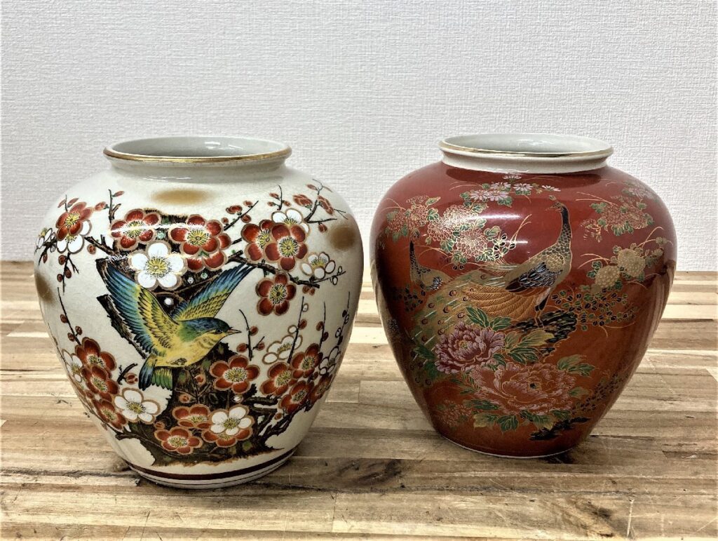 九谷焼 栄利 孔雀 牡丹 園山 花鳥絵 花瓶 花器 壺 2点セット