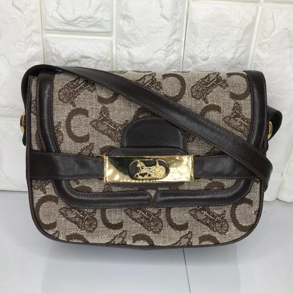 CELINE セリーヌ Cサルキー ショルダーバッグ　馬車金具 ヴィンテージ キャンバス×レザー 肩掛け レディース