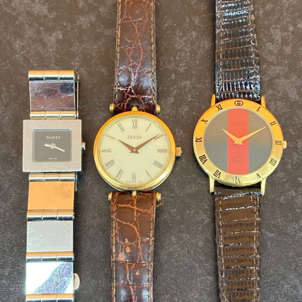 GUCCI グッチ 文字盤 2針 クオーツ メンズ 腕時計 スイス製 ラウンド 3点セット 不動品　シェリーライン 男性用 女性用
