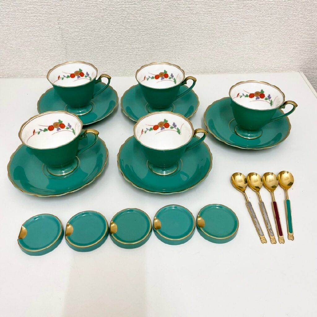 香蘭社 金彩 カップ ソーサ― 5客 花柄 翡翠 緑 エメラルドグリーン