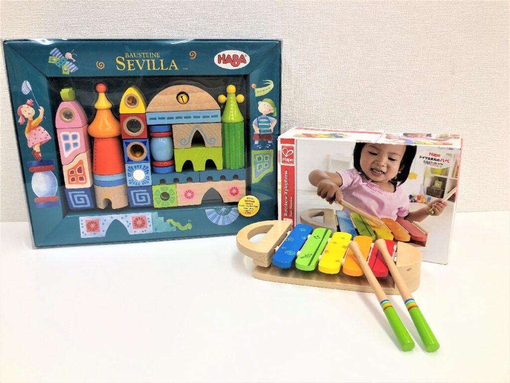 知育玩具 木のおもちゃ 2点まとめ HABA SEVILLA ベビーブロック 積み木 / Hape レインボーシロフォン 楽器玩具