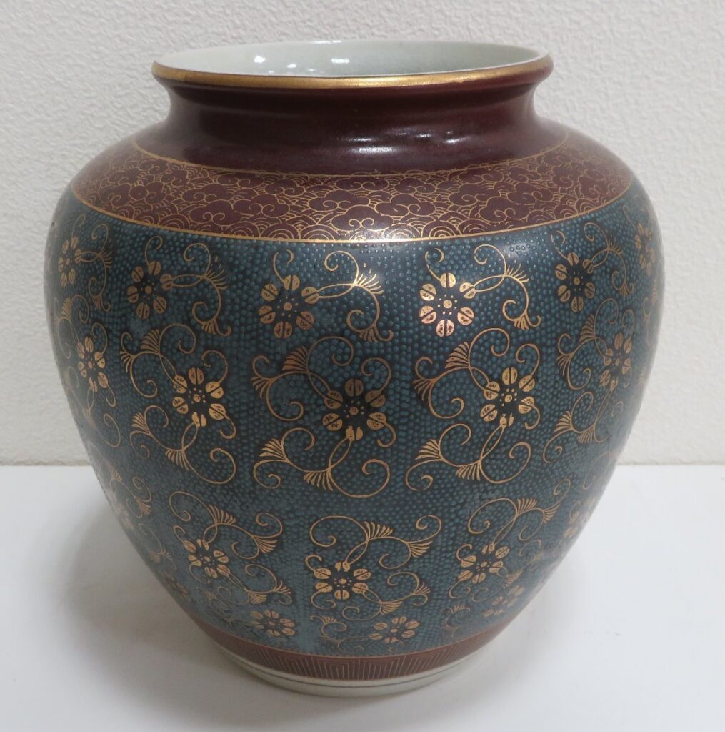 九谷焼 啓峰 花瓶 花器 金彩 青粒 壺