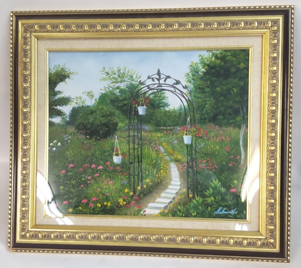 詳細不明 絵画 風景画 額縁付 庭 草花 木 自然 アンティーク 現状品