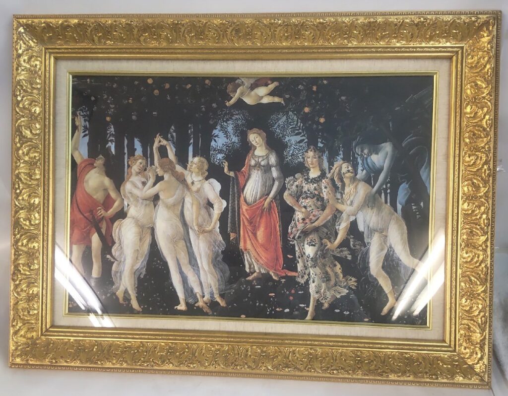 絵画 名画 複製画 額縁付 ボッティチェリ 「プリマヴェーラ」 アンティーク 現状品
