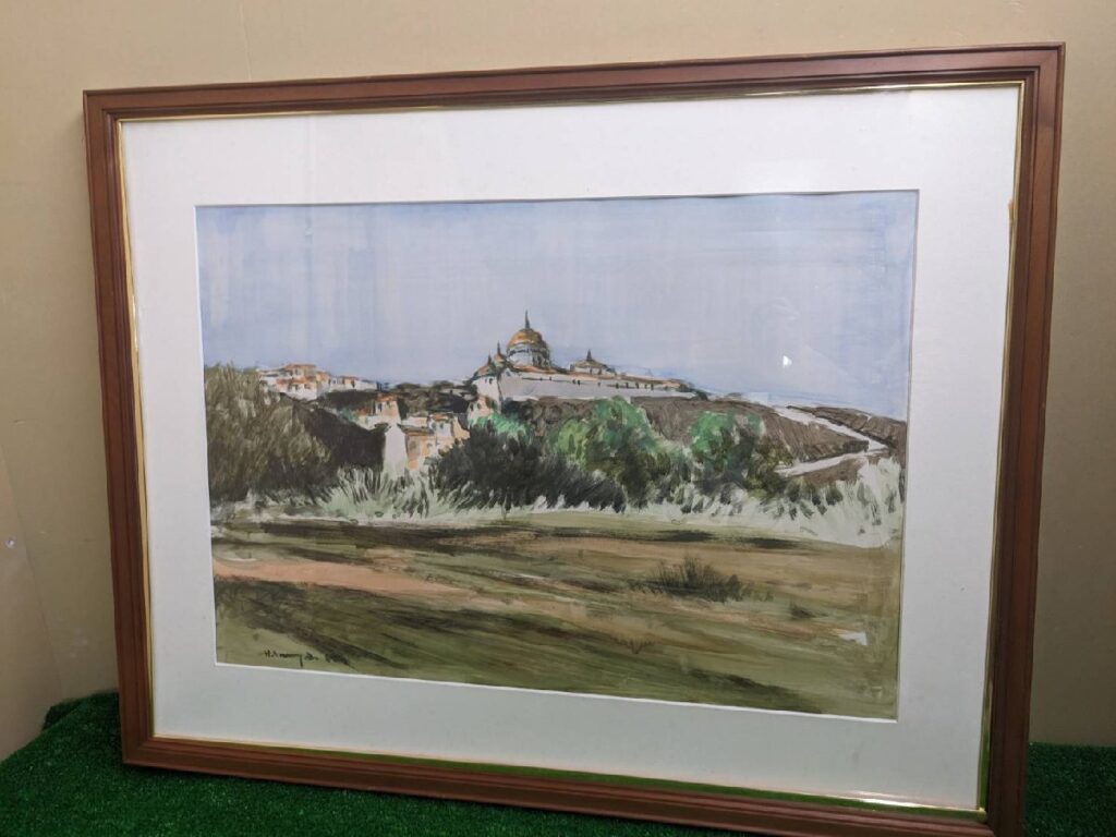 松本明也 トレド・丘の上の寺院 水彩画 風景 直筆サイン