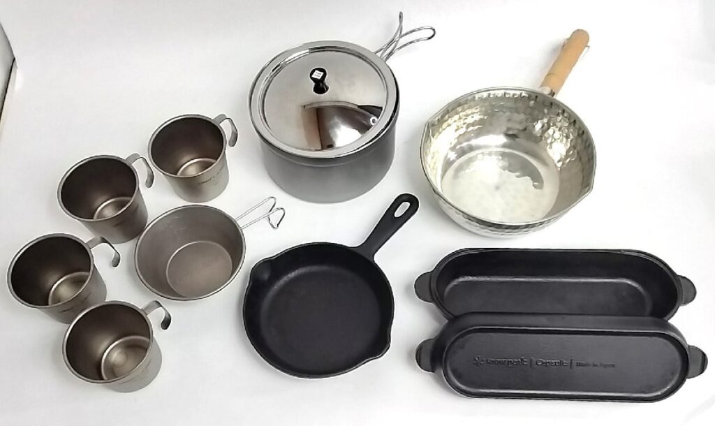 キャンプ用品 調理器具いろいろまとめて スノーピーク CS-502/南部鉄器 ミニフライパン/ユニフレーム マグカップ 現状品